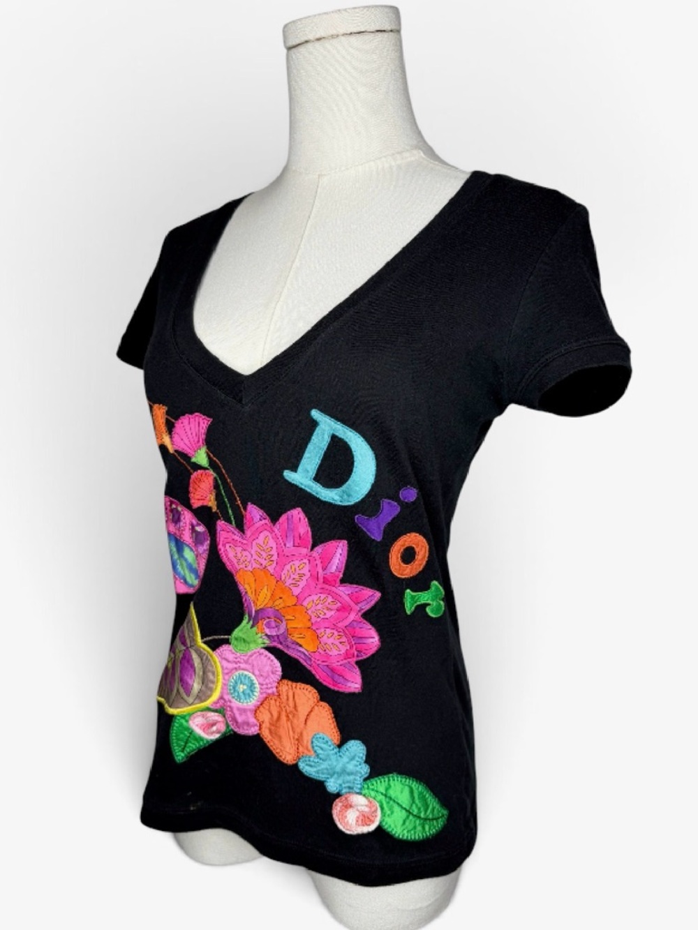 Dior Black Embroidered Floral V-Neck Baby Tee